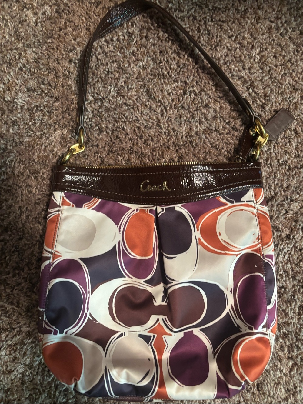 Coach Multicolor Circle-Print Shoulder Bag with Brown Trim and Gold Hardware